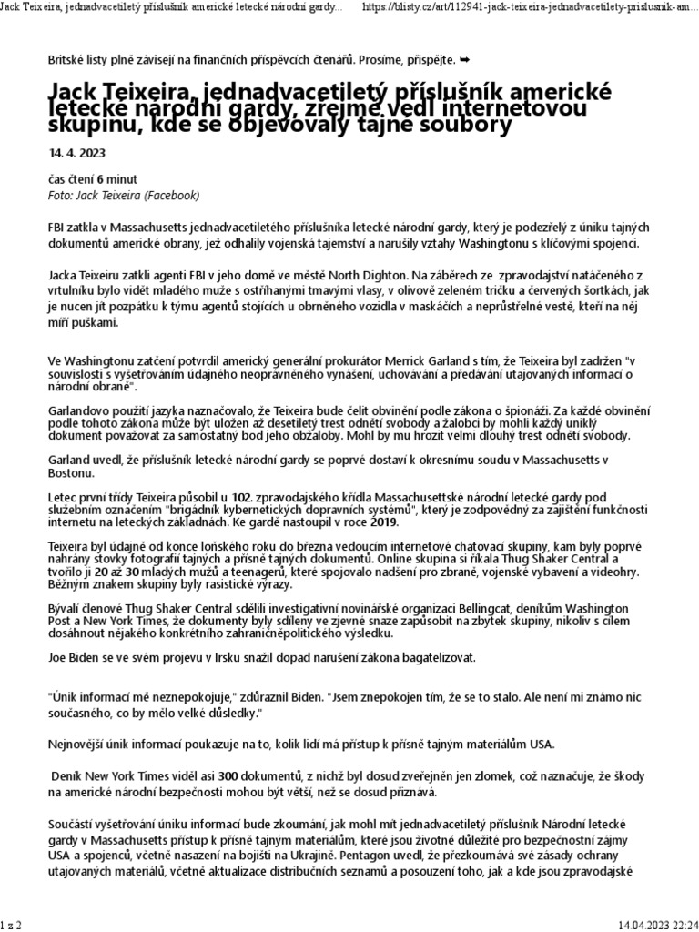 Jack Teixeira, Jednadvacetiletý Příslušník Americké Letecké Národní