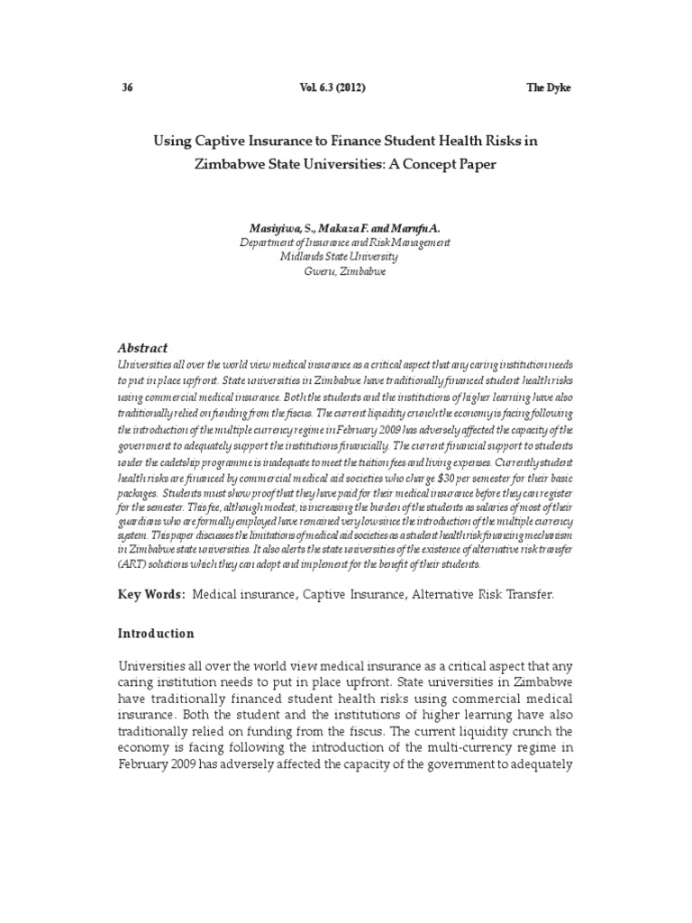 Captive Insurance for Student Health in Zimbabwe | PDF | Insurance | Risk