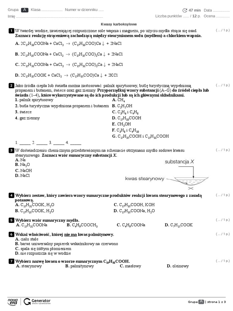 Sprawdzian Kwasy Karboksylowe Klasa 8 Kwasy Karboksylowe Test Z Widoczna Punktacja | PDF