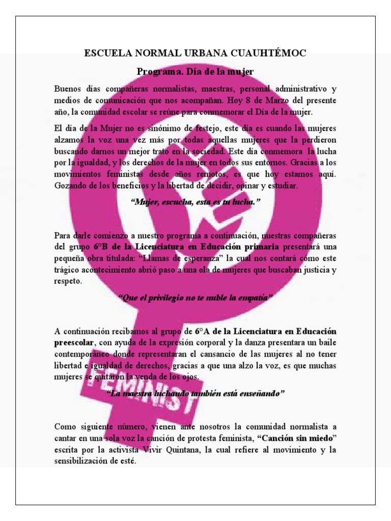 Escuela Normal Urbana Cuauhtémoc Programa. Día de La Mujer: 