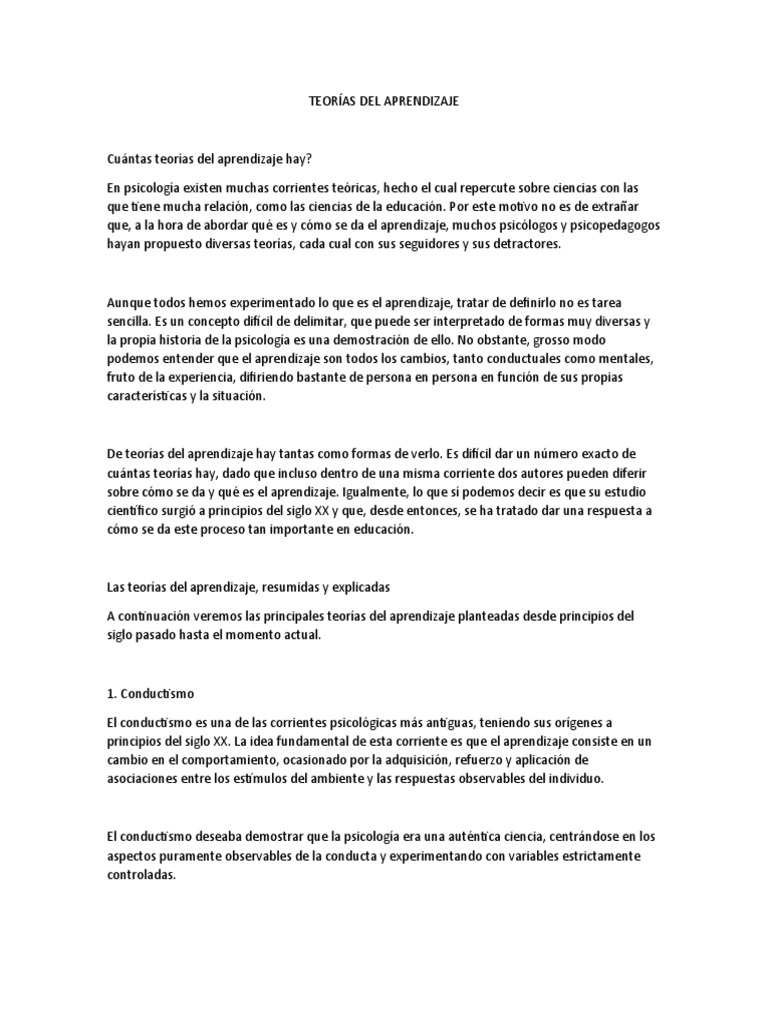 Resumen de Teorías del Aprendizaje | PDF | Aprendizaje ...