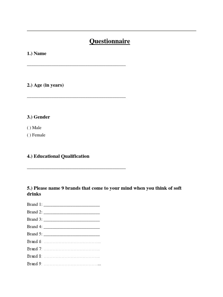Questionnaire For Brand Audit PDF Soft Drink Coca Cola