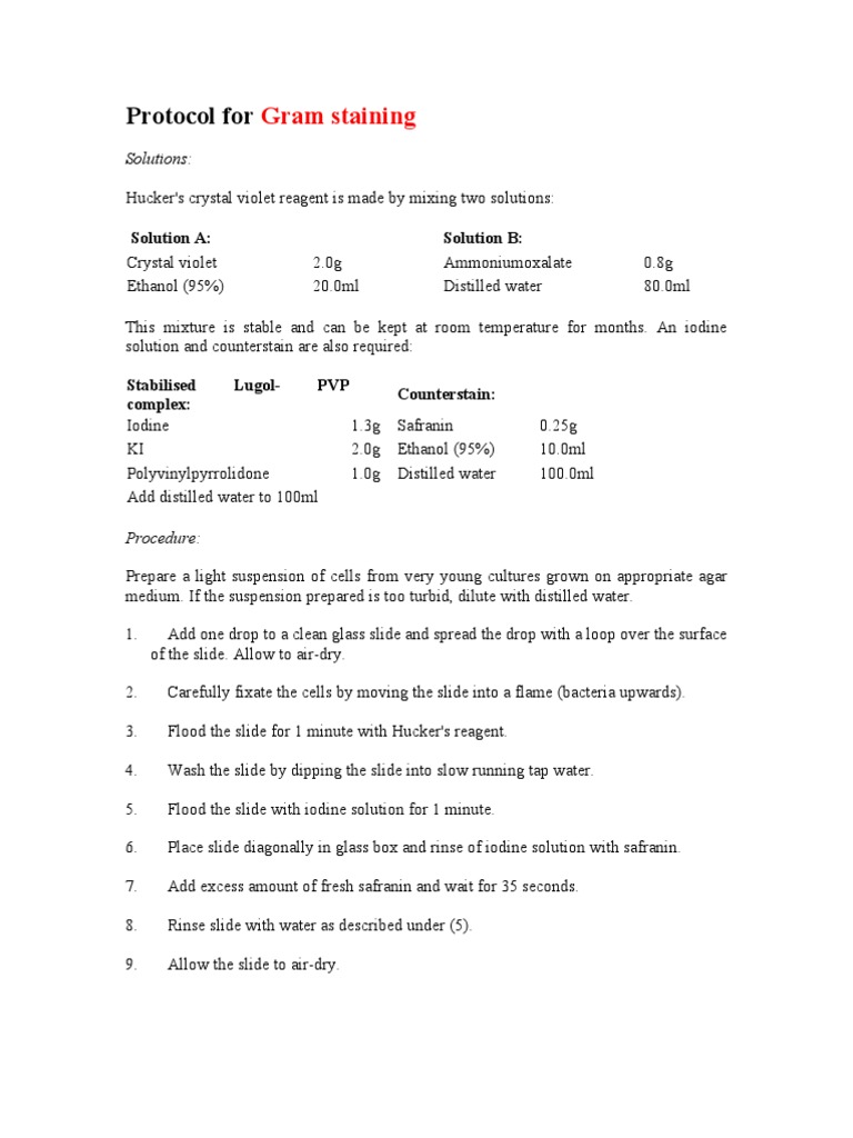 Protocol For: Gram Staining | PDF | Staining | Clinical Pathology
