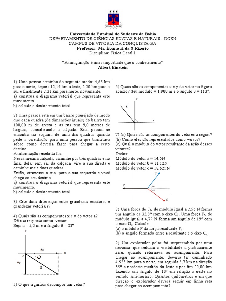 Exercícios sobre Vetores e Deslocamentos | PDF | Vetor euclidiano ...
