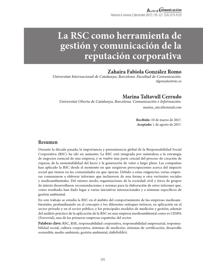 La RSC Como Herramienta de Gestión y Comunicación de La Reputación ...