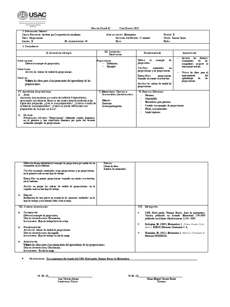 Plan de Clase No. 2 | PDF | Proposición | Evaluación