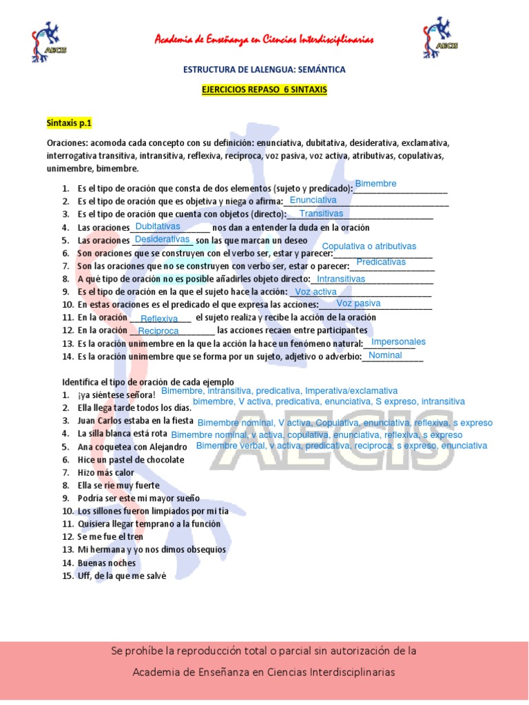 Ejercicios de repaso sobre sintaxis y tipos de oraciones | PDF ...
