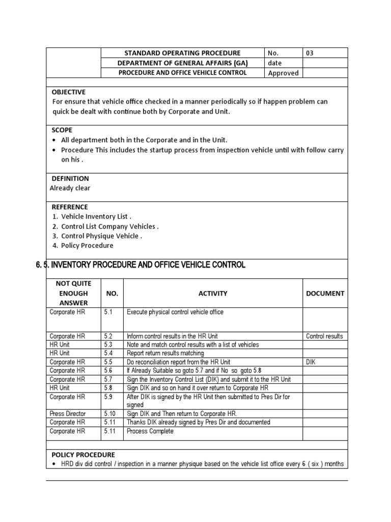 03 SOP INVENTORY AND CONTROL OFFICE VEHICLE | PDF | Business Process ...