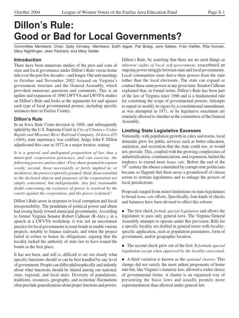 Dillons Rule Good or Bad for Local Governments United States