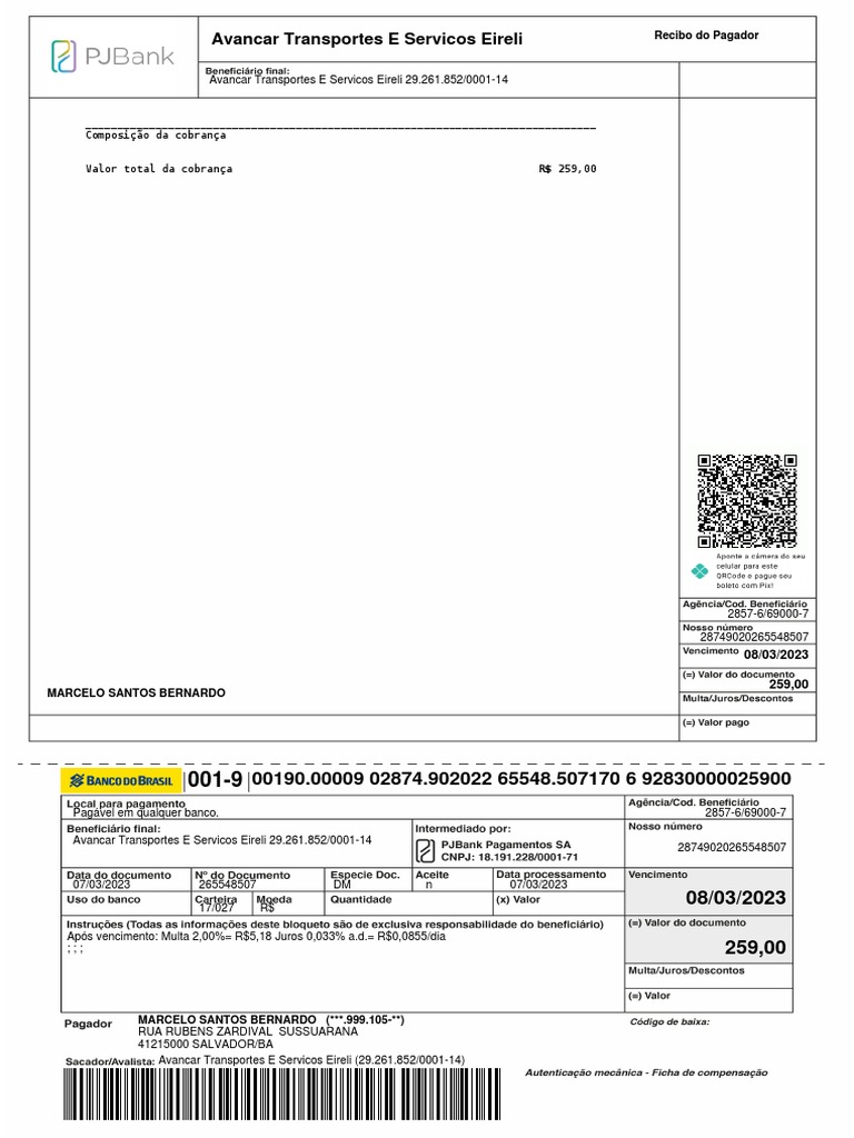 Recibo de Cobrança - Avancar Transportes | PDF