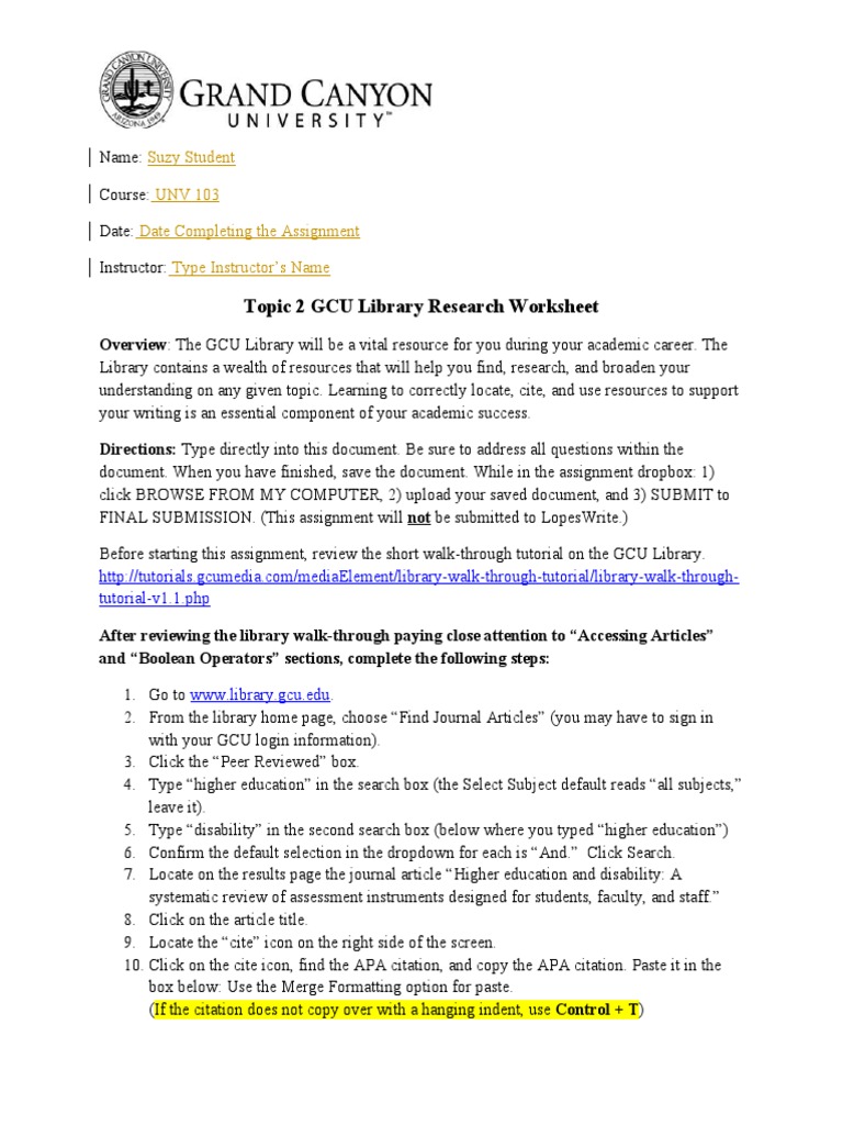 UNV 103 Topic 2 - GCU Library Research Assignment EXAMPLE 2 | PDF 