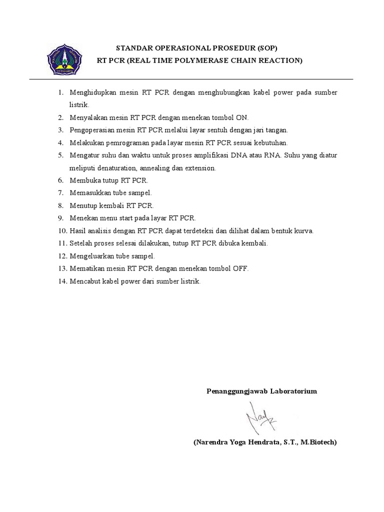 SOP Pengoperasian Mesin RT PCR | PDF | Sains & Matematika | Teknologi ...