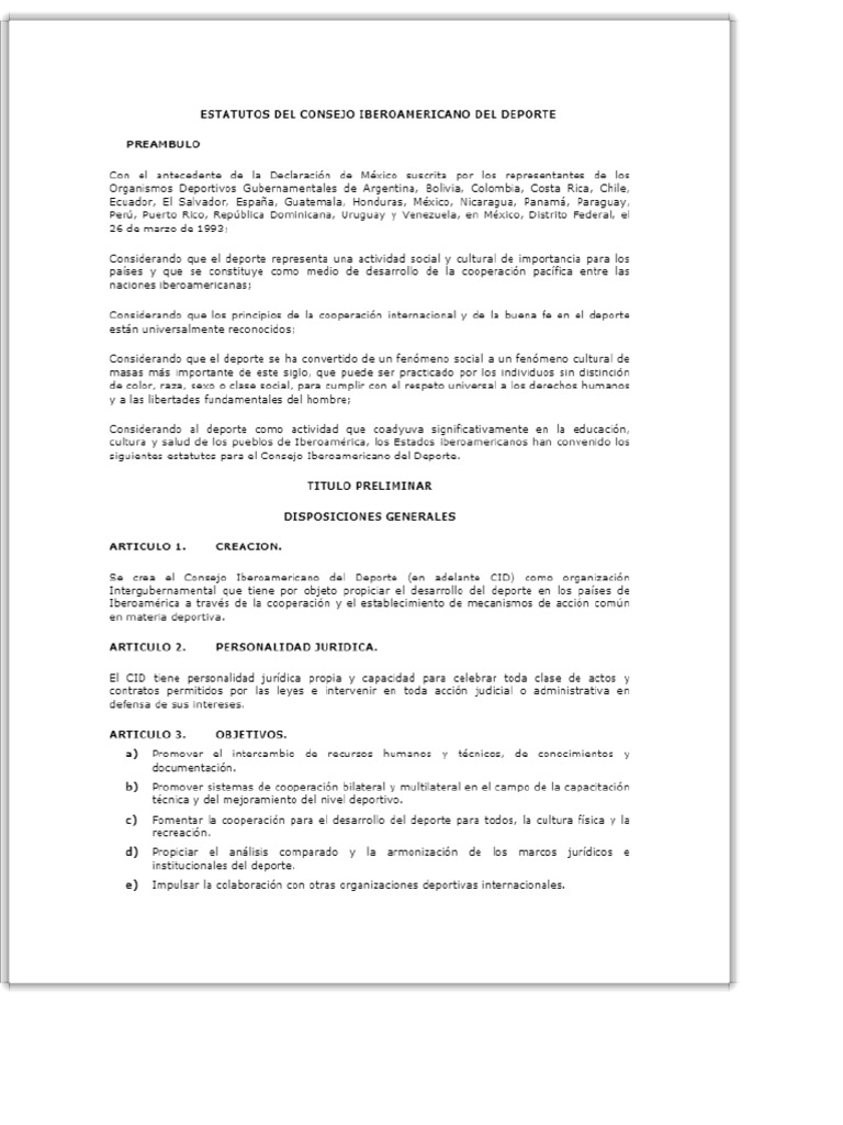 Estatutos Del Consejo Iberoamericano Del Deporte PDF