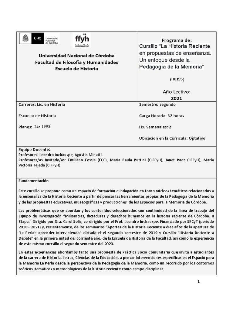 Cursillo La Historia Reciente en Propuestas de Enseñanza | PDF | Enseñando
