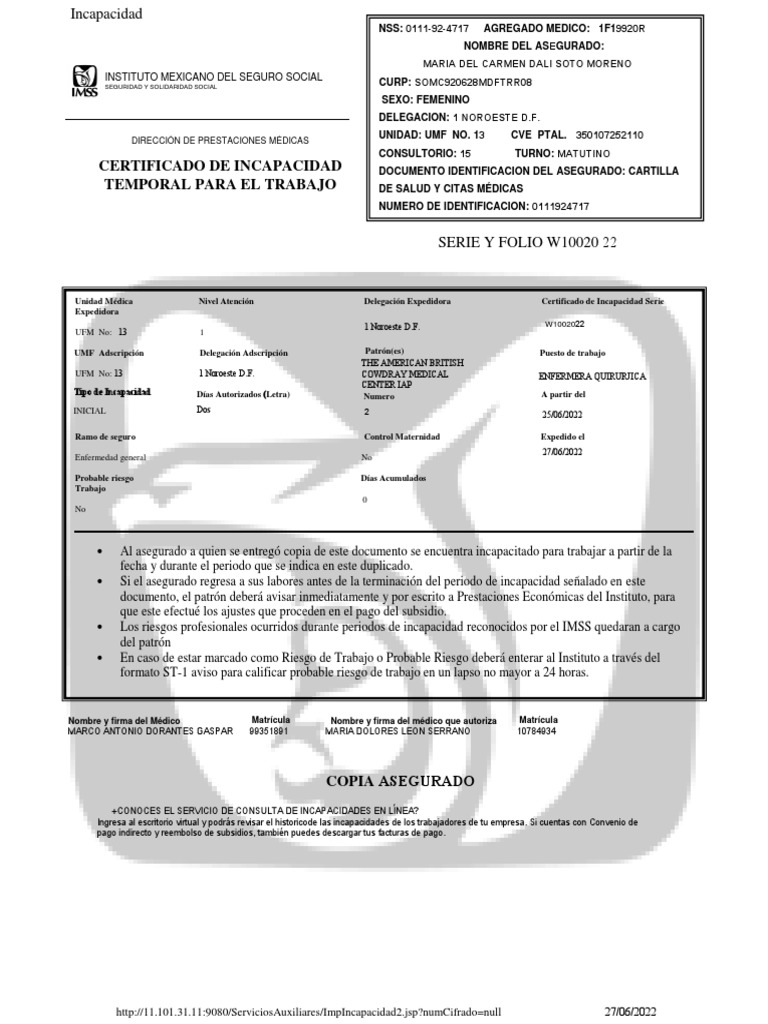 Certificado de Incapacidad IMSS 2022 | PDF | Ciencias de la Salud ...