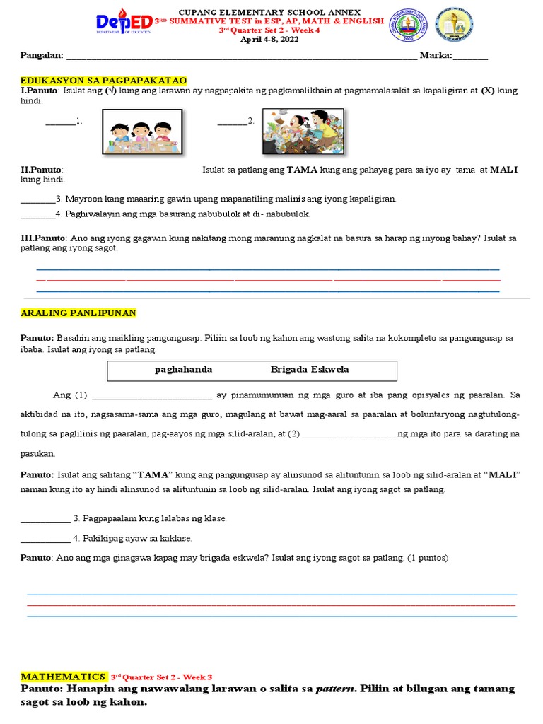 3 Summative Test in Esp, Ap, Math & English 3 Quarter Set 2 - Week 4 | PDF