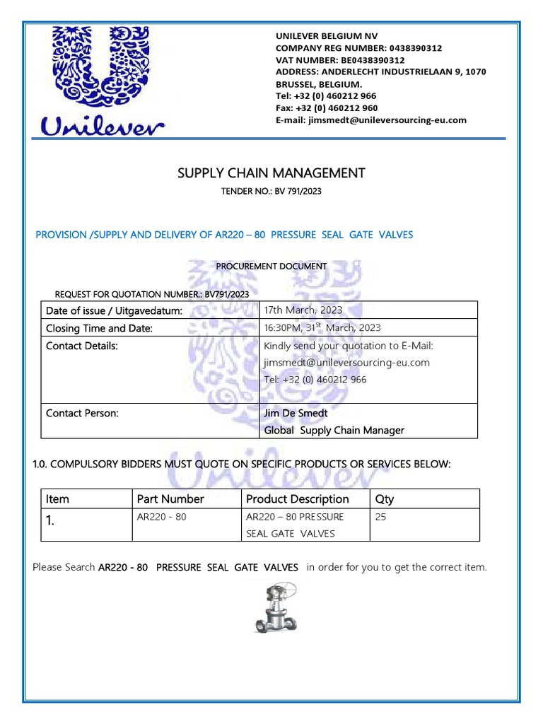 Request for Quotation on AR22080 Pressure Seal Gate Valves for
