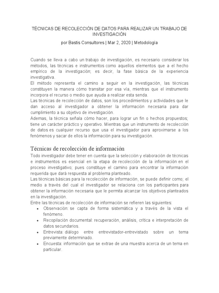 4.TÉCNICAS DE RECOLECCIÓN DE DATOS PARA REALIZAR UN TRABAJO DE ...