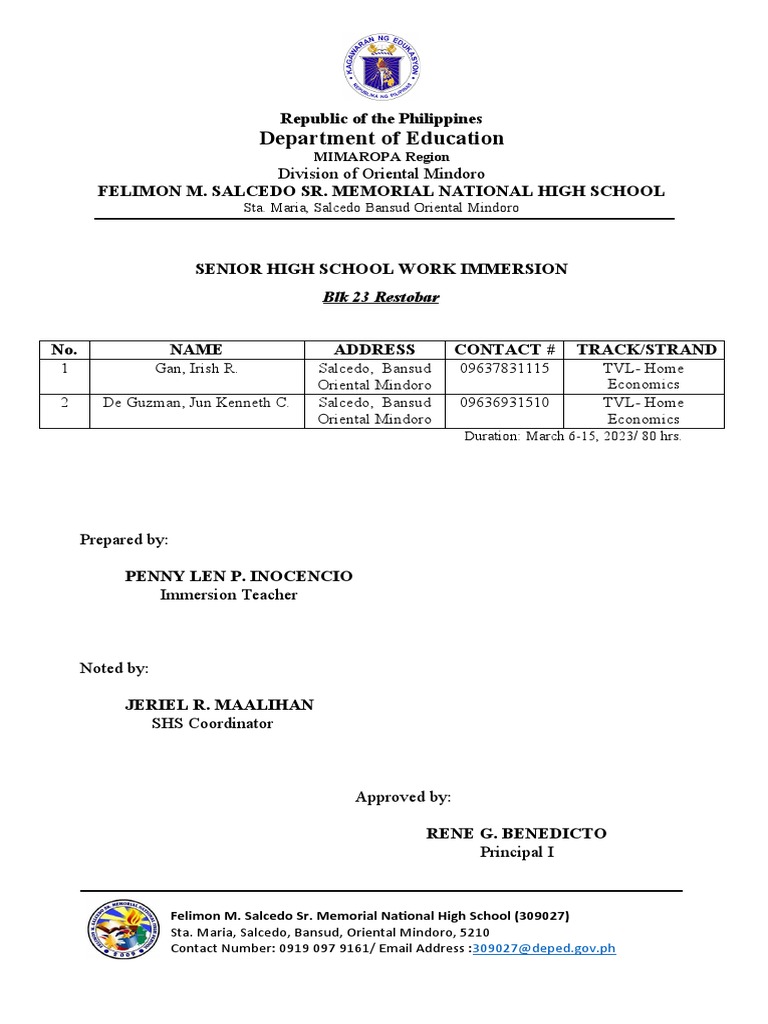 Senior High School Work Immersion Report | PDF