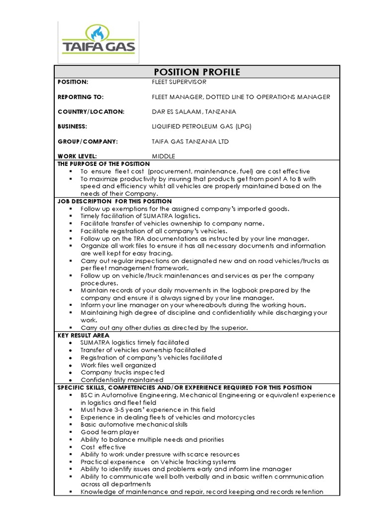 Job Description For Fleet Supervisor JD PDF Vehicles Logistics