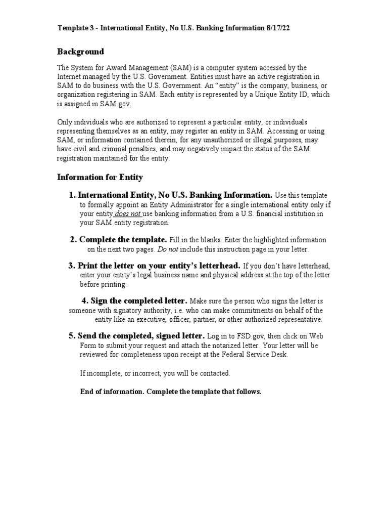 SAM Entity Administrator Letter Template3 International No Banking Info