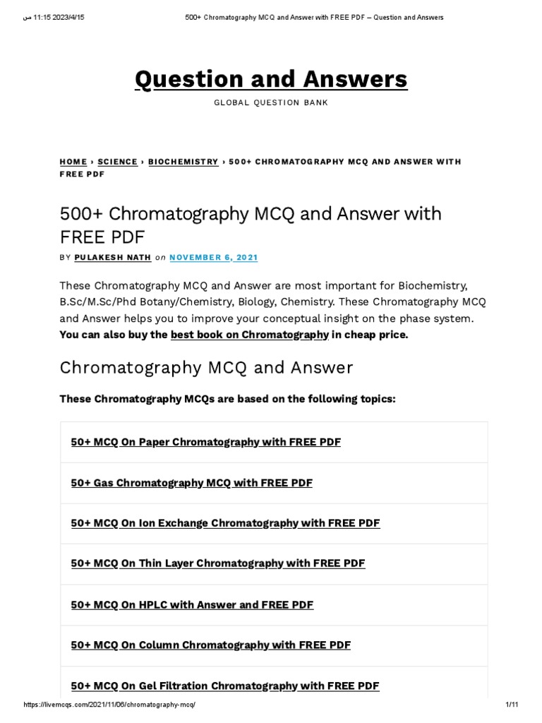 Question and Answers 500+ Chromatography MCQ and Answer With Free PDF