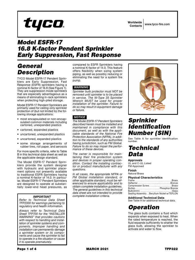Model ESFR17 16.8 KFactor Pendent Sprinkler Early Suppression, Fast