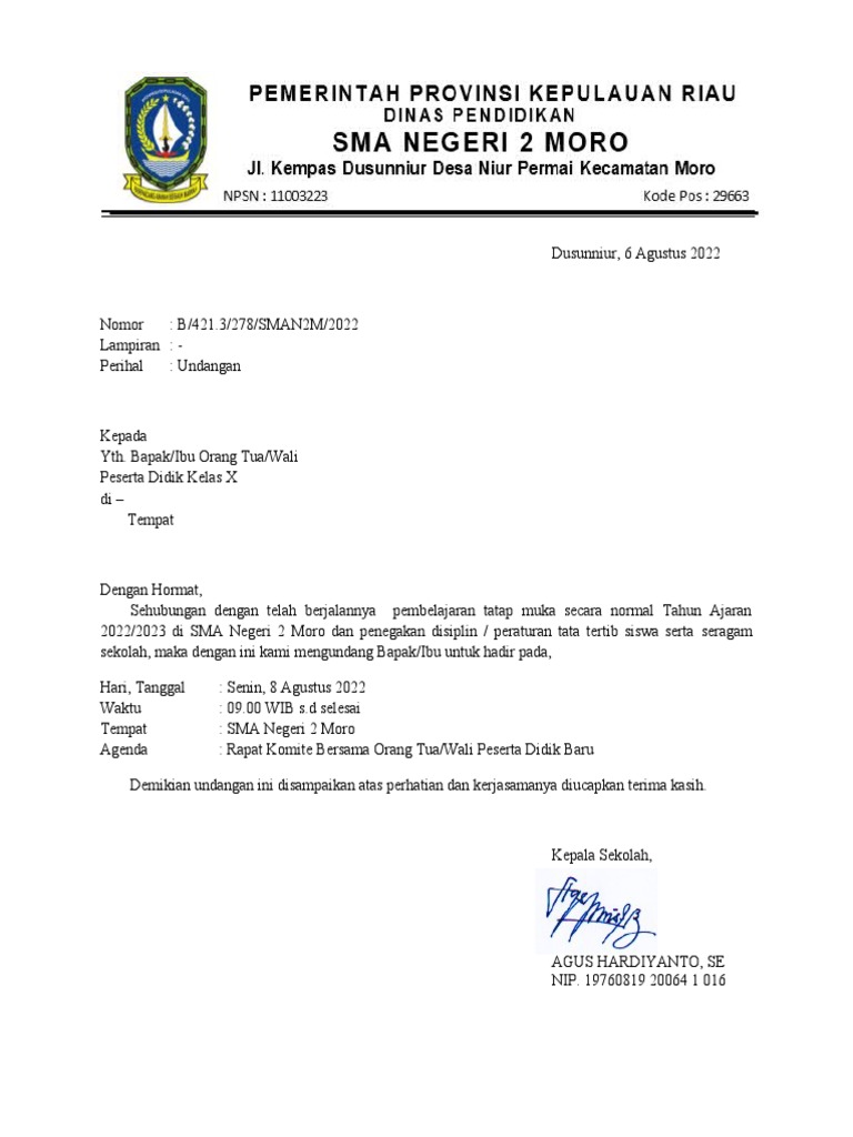 Surat Undangan Rapat Orang Tua DGN Komite | PDF