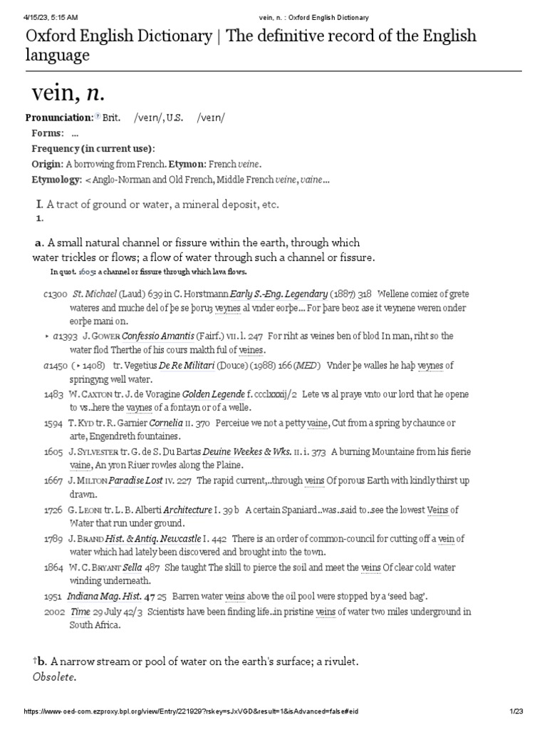 Vein, N. Oxford English Dictionary PDF