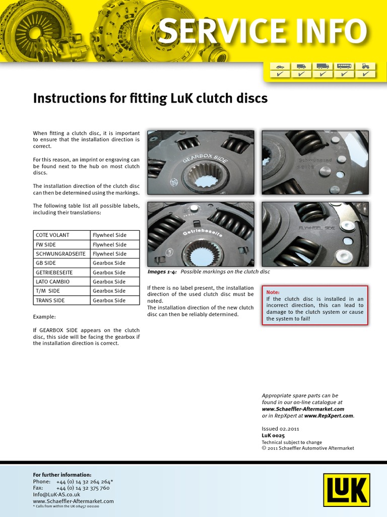 LuK 0025 Instructions For Fitting LuK Clutch Discs Download Free