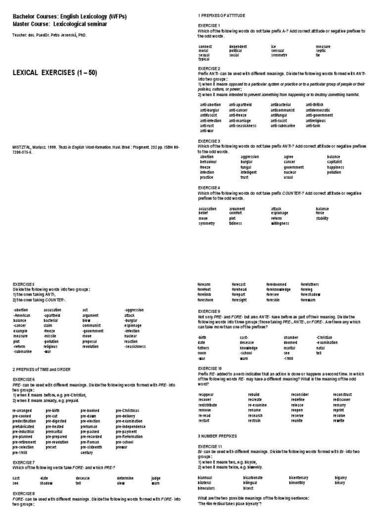 Lexicology Exercises 150 A4 PDF Word Adjective