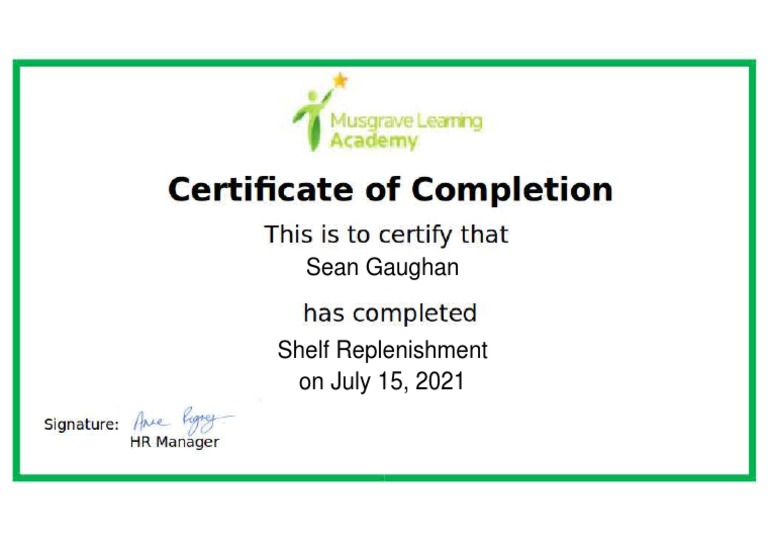 Shelf Replenishment Print Your Certificate Here PDF