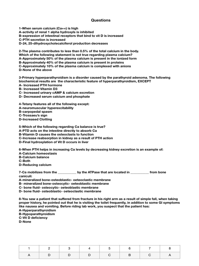 Calcium Metabolism Questions PDF