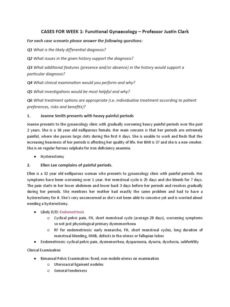 Gynaecology Case Studies Differential Diagnoses, Examinations and
