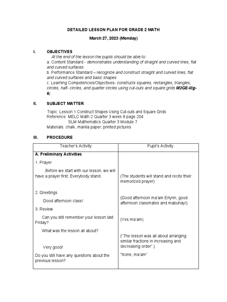 Detailed Lesson Plan For Grade 2 Math March 27 2023 Monday I 