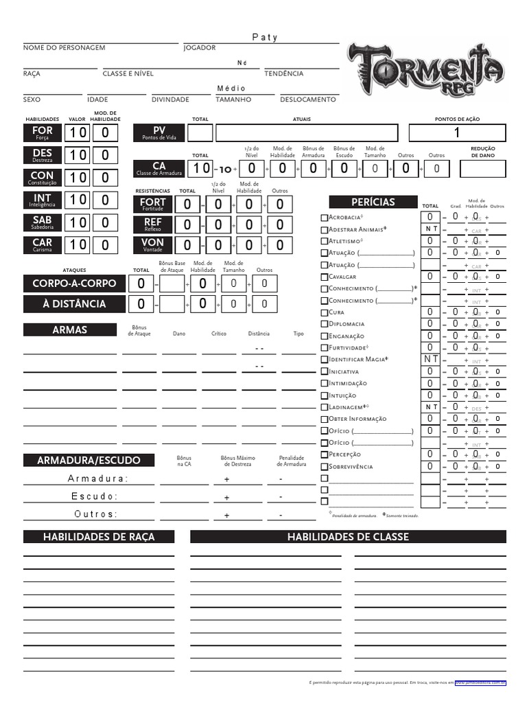 Ficha Editável RPG Tormenta | PDF