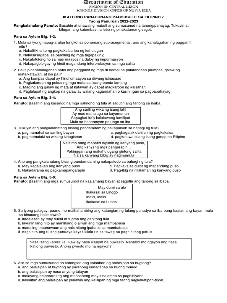 Filipino 7 3rd PT Test Answer Key | PDF