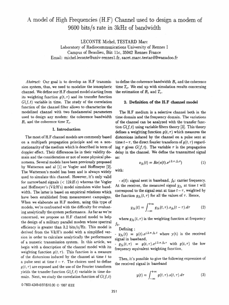 H.F Channel Model for Modem Design | PDF | Bandwidth (Signal Processing ...