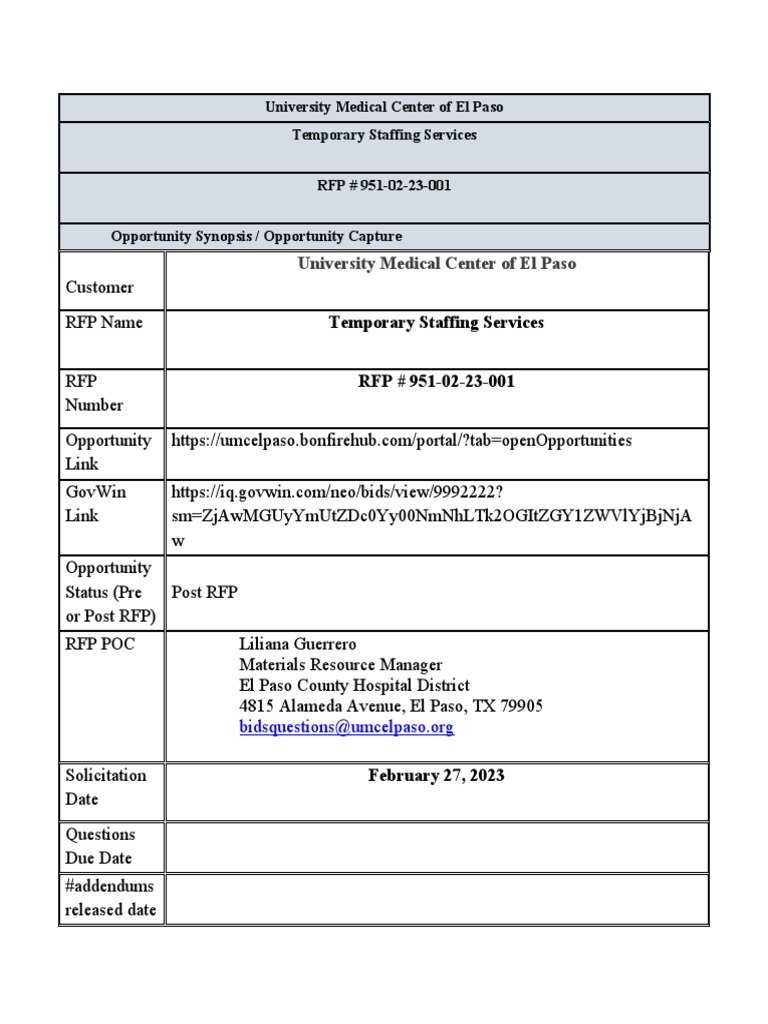 Temporary Staffing Services El Paso RFP Review PDF Hospital Temporary Staffing Services El Paso RFP Review PDF Hospital