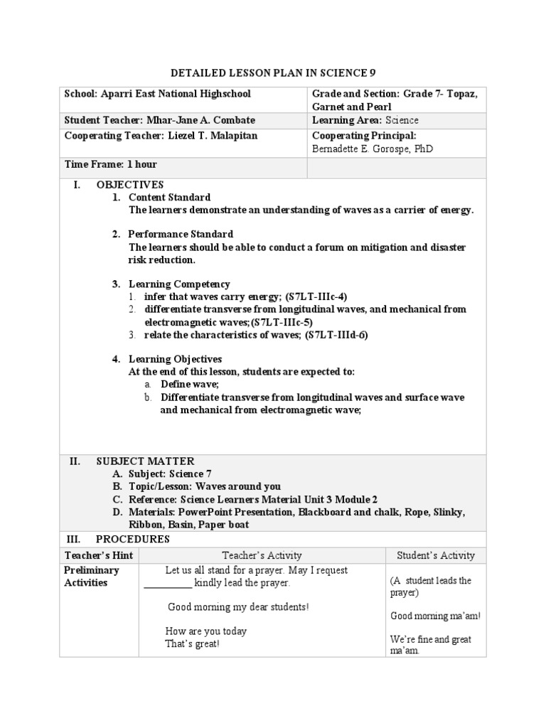 Science 7 Lesson Plan: Understanding Waves | PDF