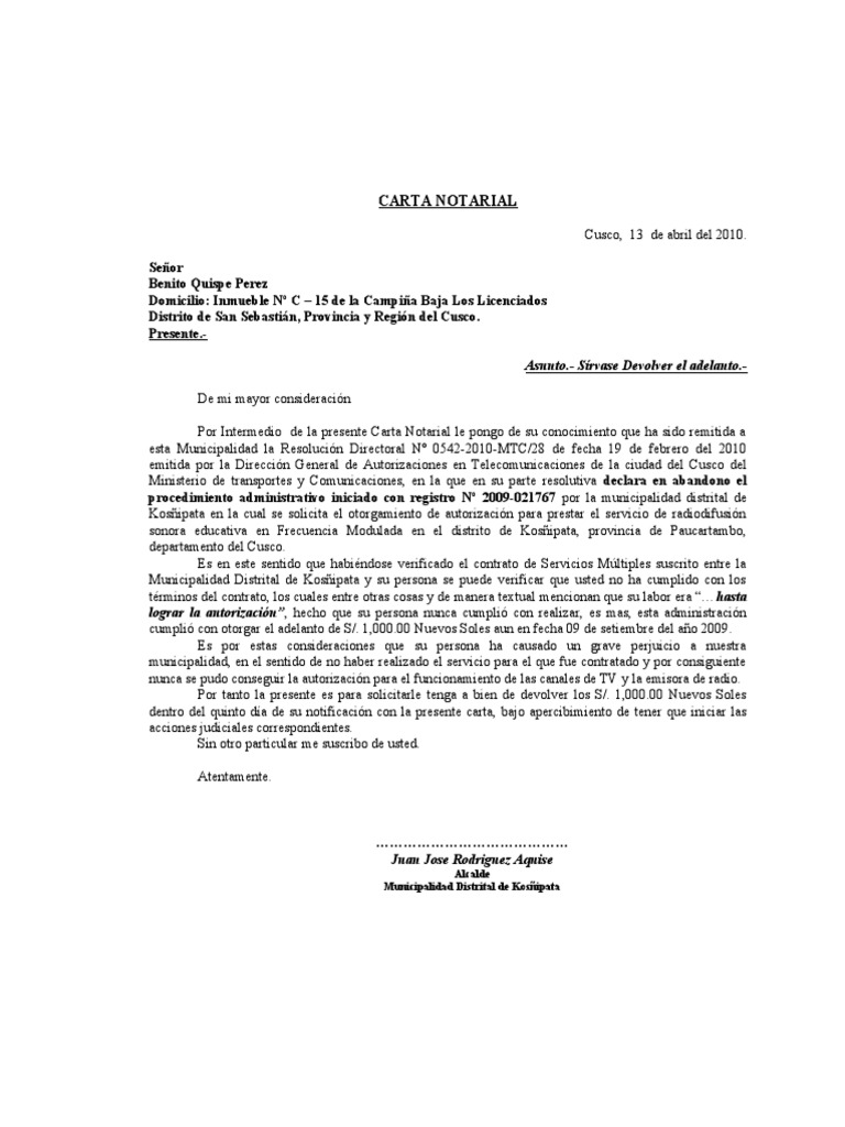 Carta Notarial Asunto.Sírvase Devolver El Adelanto. PDF