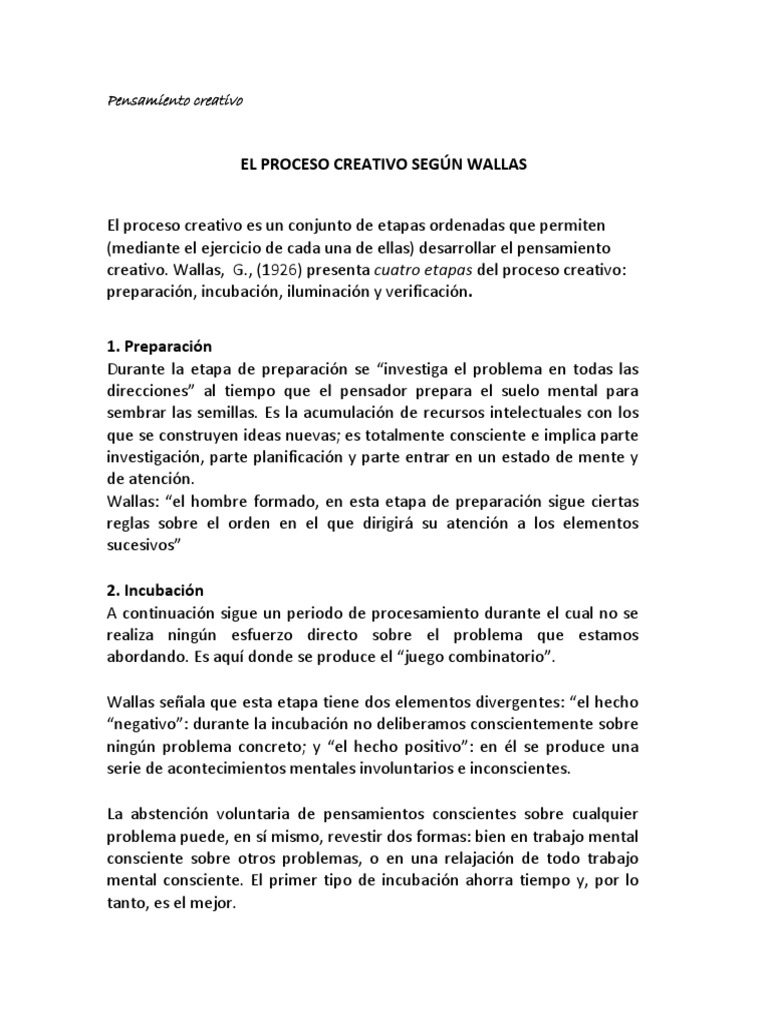 Etapas del Proceso Creativo de Wallas | PDF | Pensamiento | Mente