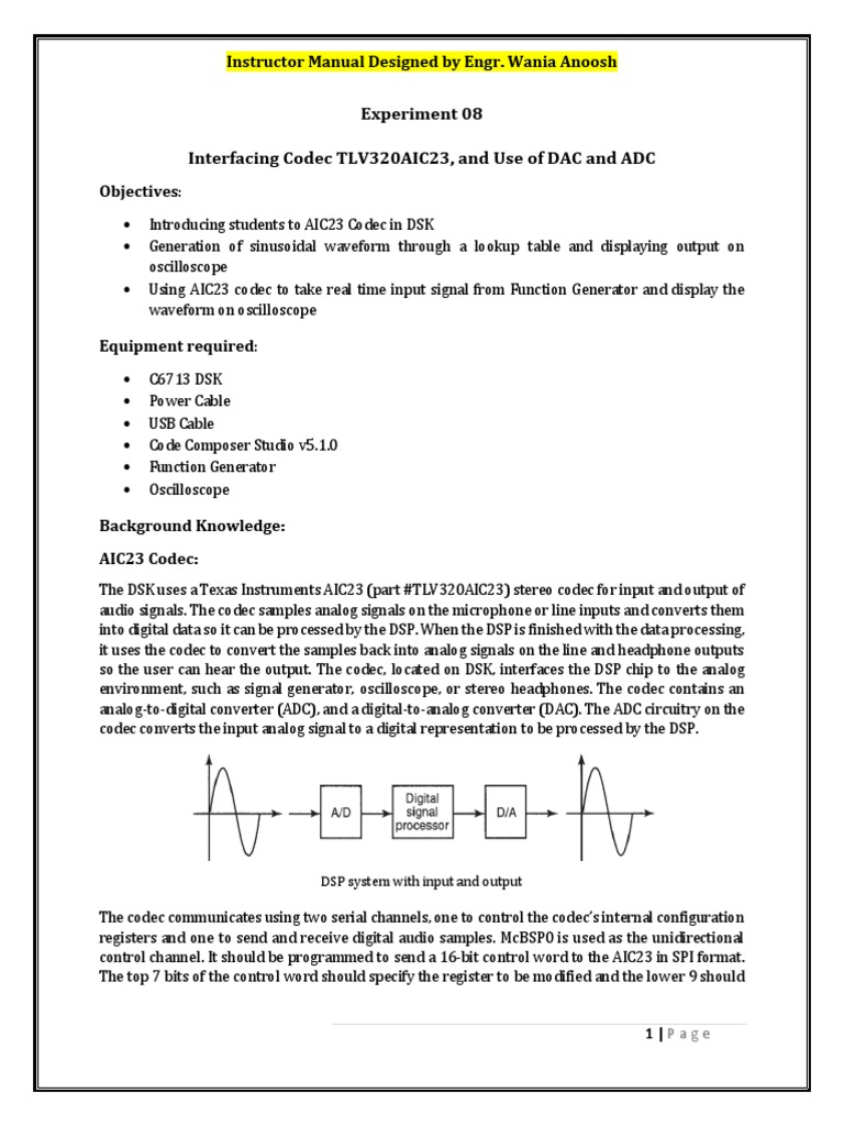 Experiment 08 Interfacing Codec TLV320AIC23, and Use of DAC and ADC