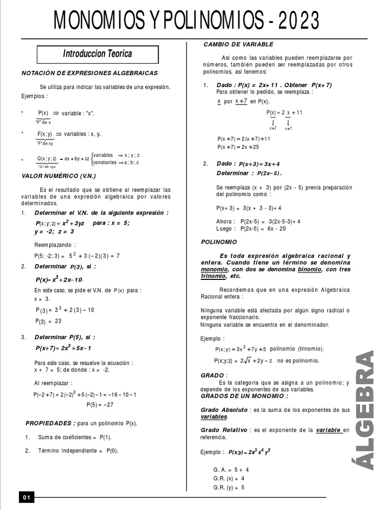 Tema 02 Monomios y Polinomios | PDF | Matemáticas Aplicadas ...