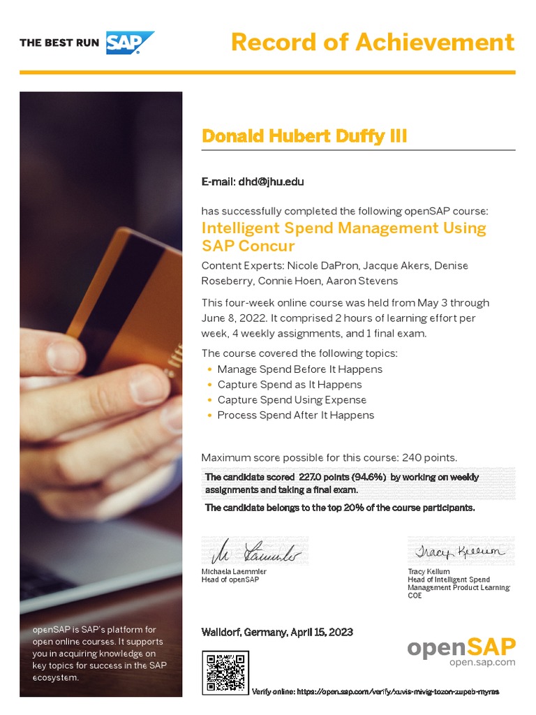 Donald Hubert Duffy III Concur1-1 - RecordOfAchievement | PDF | Computers