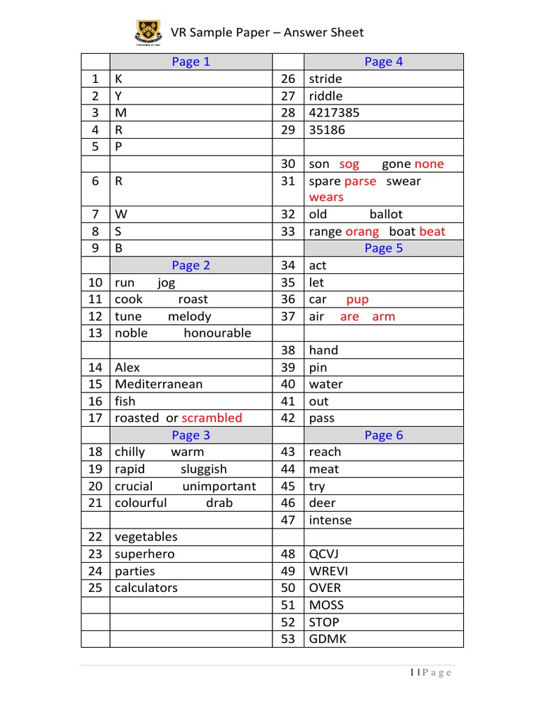 Stockport Grammar School 11 Plus Verbal Reasoning Sample Paper Answers