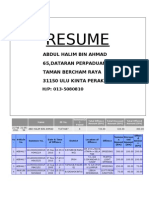 Resume: Abdul Halim Bin Ahmad 65, Dataran Perpaduan 5, Taman Bercham Raya 31150 Ulu Kinta Perak