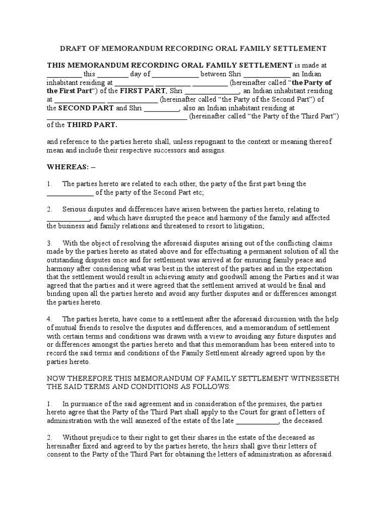 Draft of memorandum recording oral family settlement pdf probate