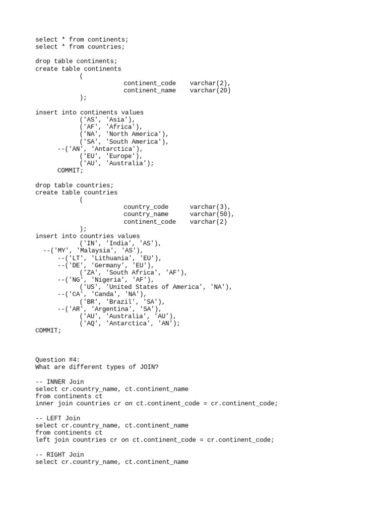 Sql script for understanding different types of join difference
