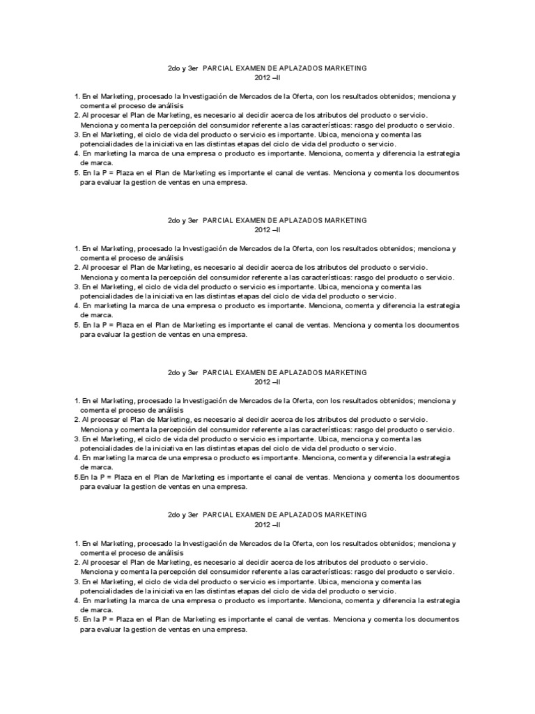 2do y 3er Parcial Examen de Aplazados Marketing | PDF | Marketing ...